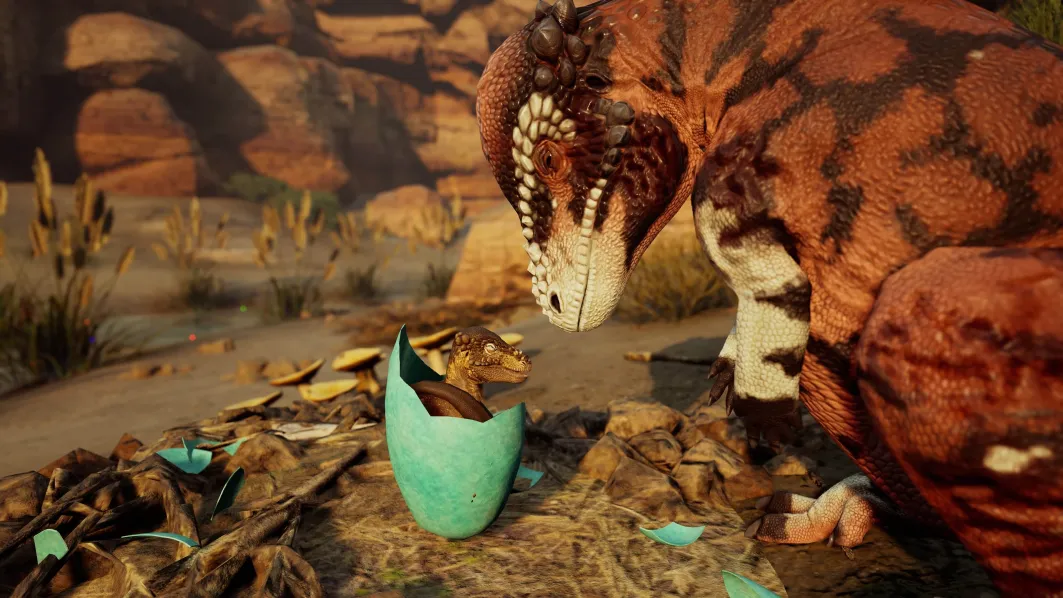 Filhote de Pachycephalosaurus saindo do ovo em um ninho, com o adulto ao lado