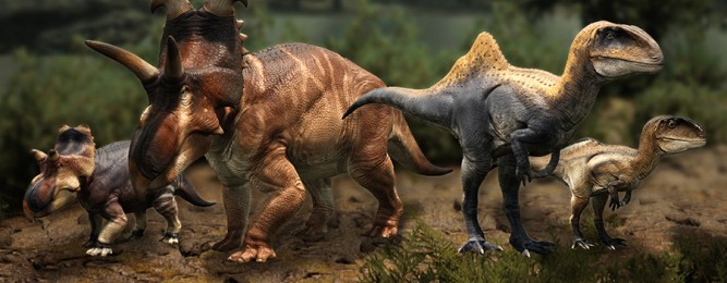 Filhotes ao lado de dinossauros adultos, mostrando os estágios de crescimento