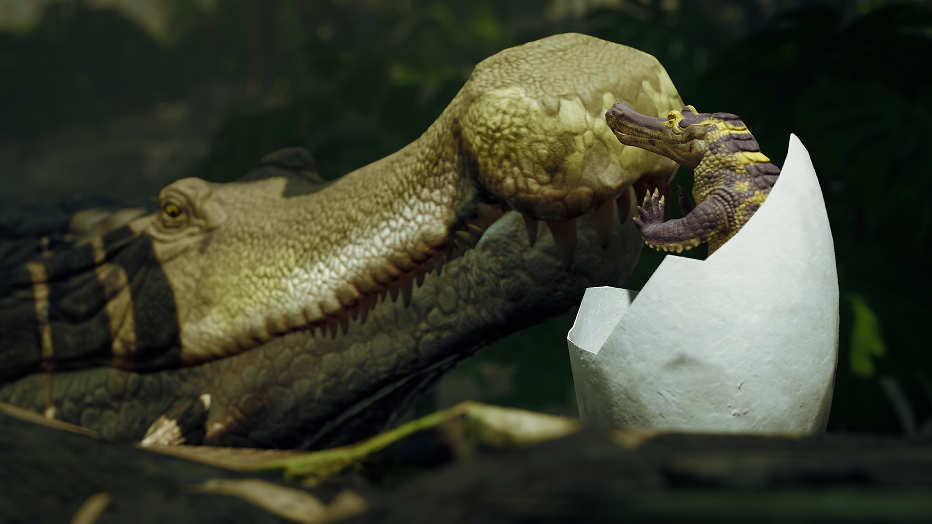 Filhote de Sarcosuchus saindo do ovo diante da mãe