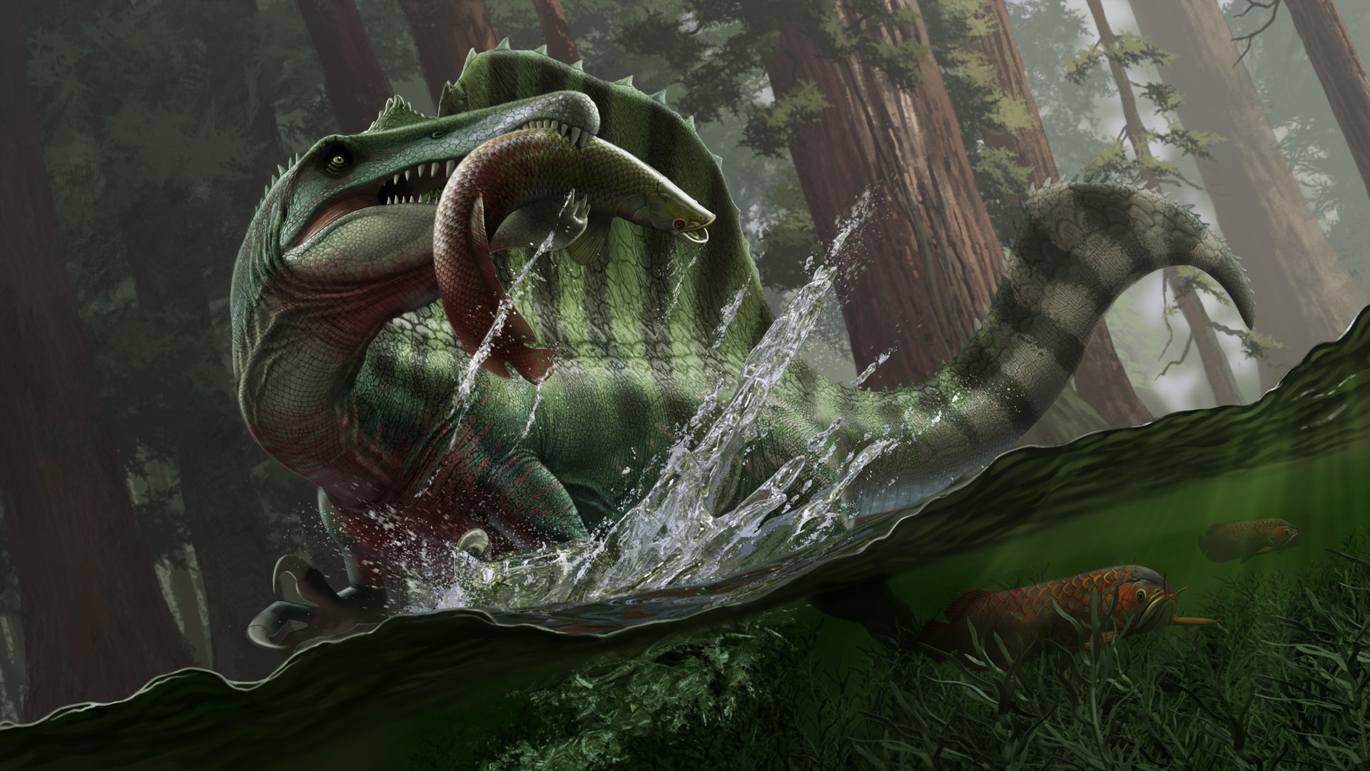 Spinosaurus em um rio, arte oficial de Path of Titans