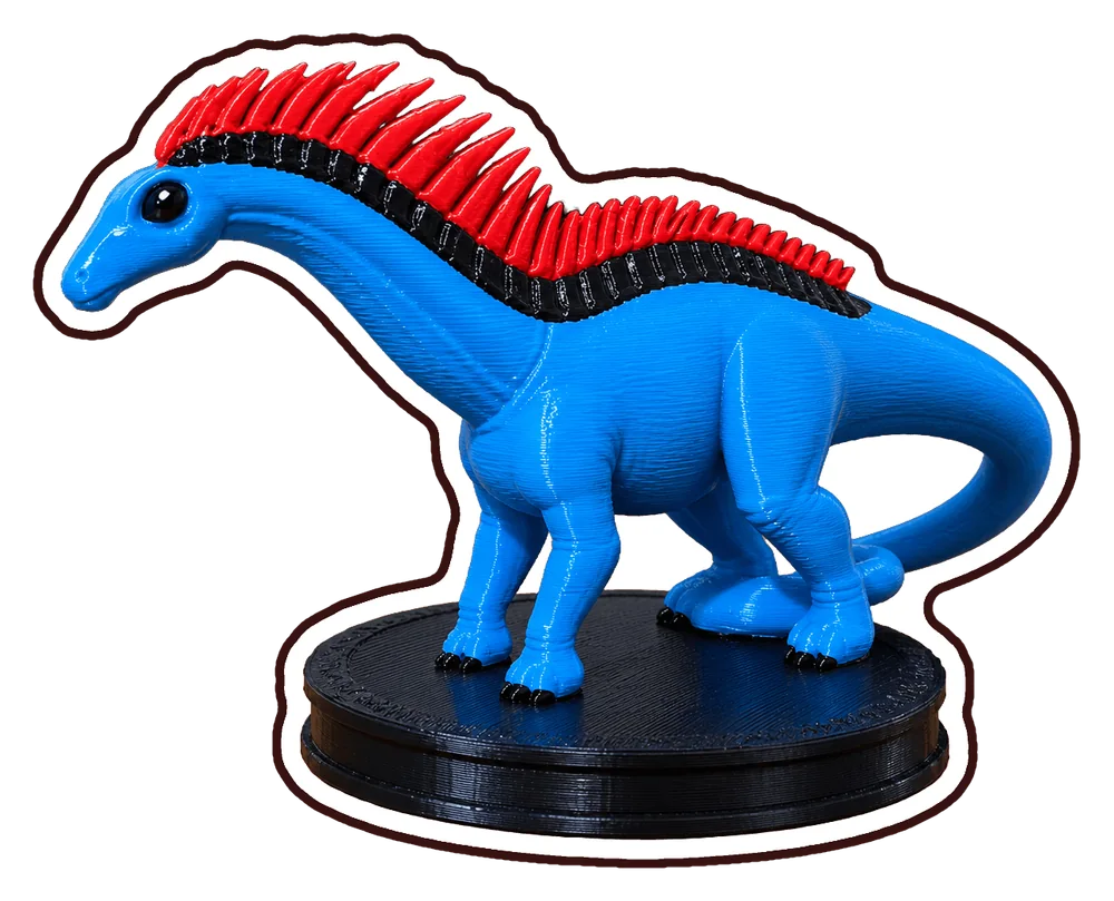 Boneco Amargassauro azul, com crista vermelha e base preta, recortado como figurinha